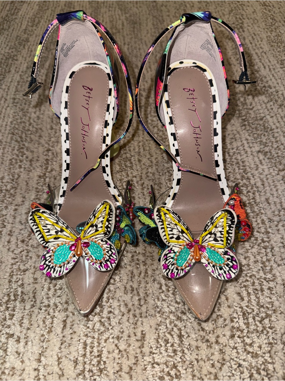 Betsey Johnson Multicolor Butterfly Embellished Ankle Strap Pointed Heels